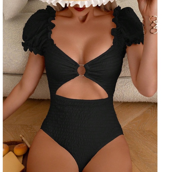 Textured Ruffle Puff Sleeve Cut out Monokini One Piece Swimsuit - Picture 1 of 9